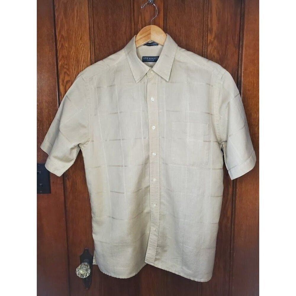 Lyle & Scott Embossed Beige Plaid on Beige Linen Cotton Shirt M